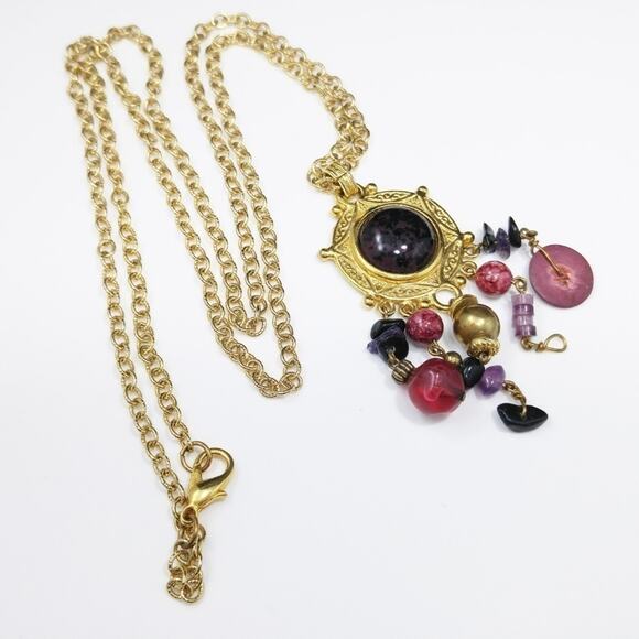 Express Bead Dangle Pendant Necklace, Pink Gold, 36 Inches, Red Purple Beads - Picture 6 of 8